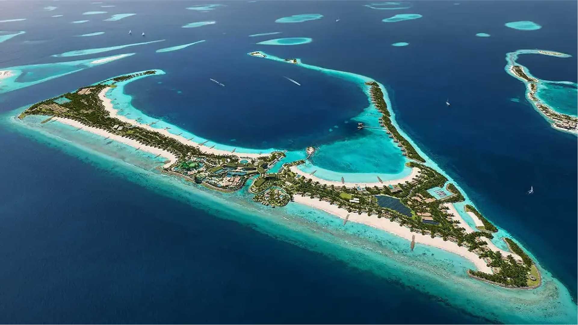 Aerial view of bright atolls and turquoise island lagoons