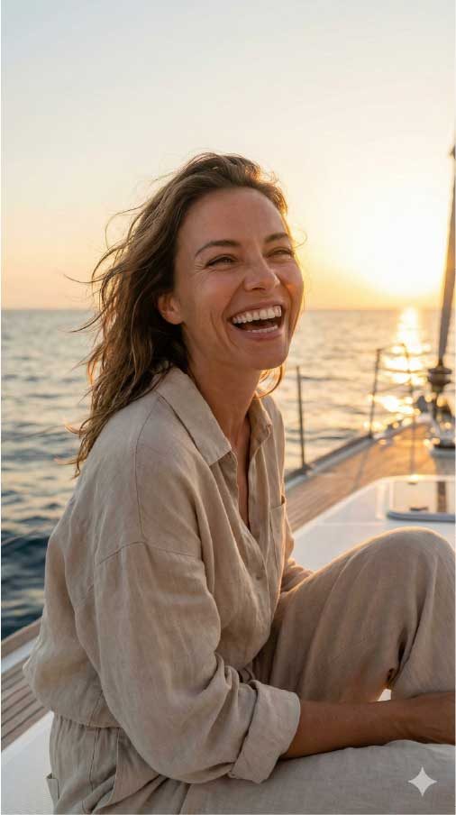 A guest smiling on the yacht deck at sunset
