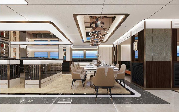 Warm yacht dining salon with a prepared table and ocean views