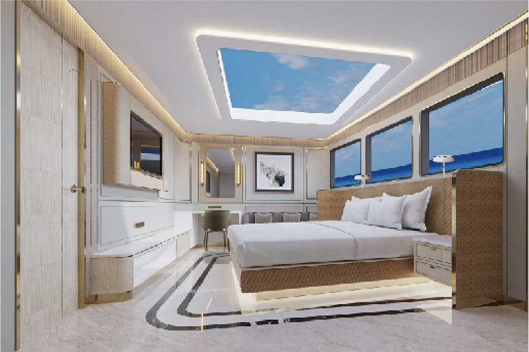Bright Lume Suite bedroom with skylight and ocean windows