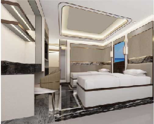 Dawn twin suite with two beds and refined yacht finishes
