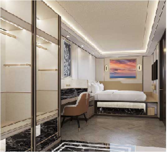 Horizon Suite cabin with warm lighting and mirrored wardrobes