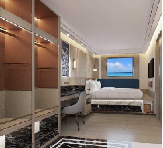Vespers Suite cabin with bed, desk, and ocean window