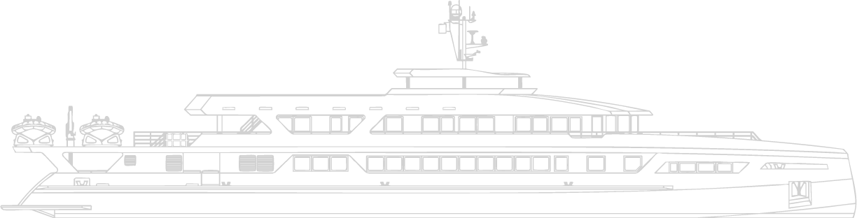 Side profile line drawing of the Bualume yacht